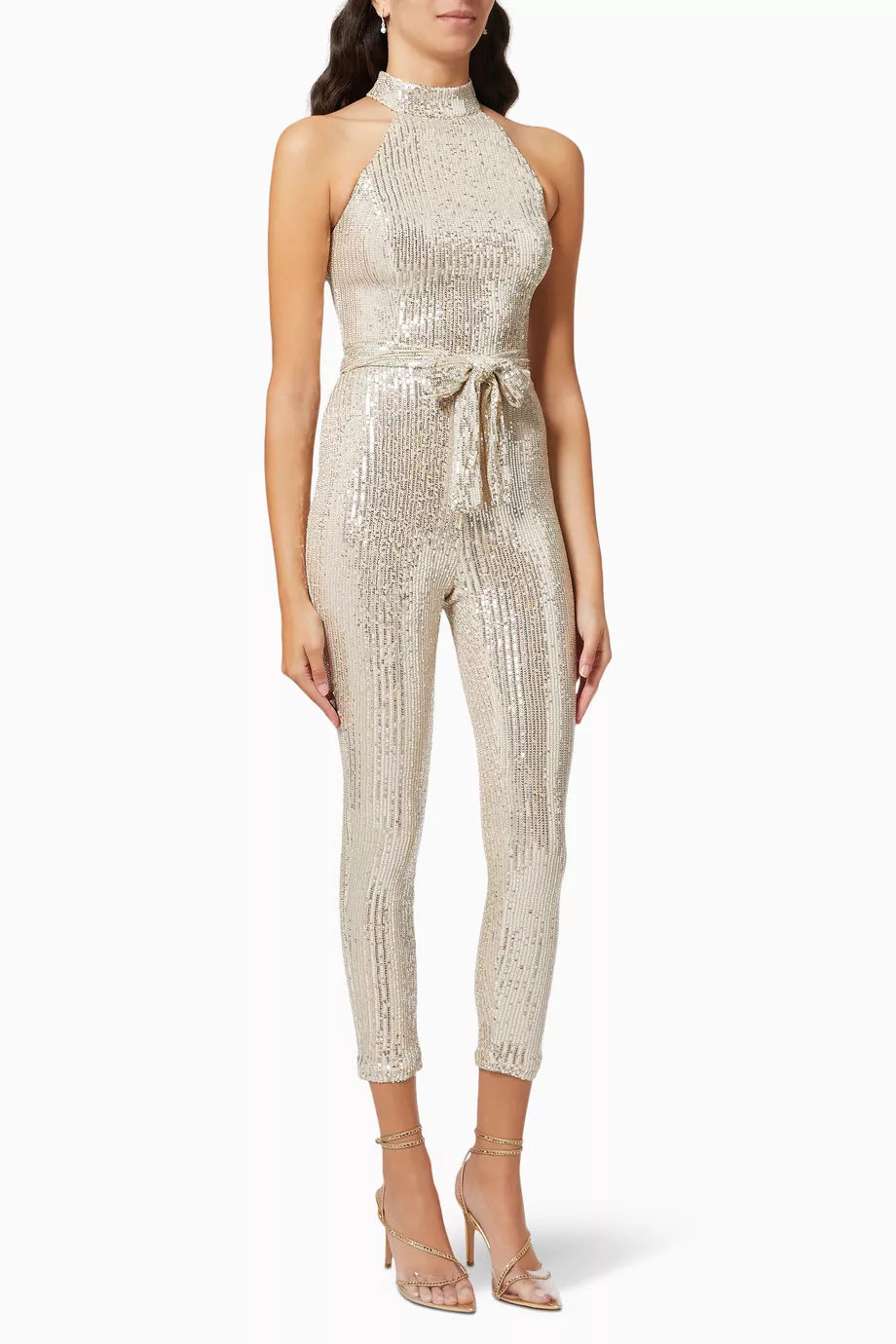 Buy Lavish Alice Silver High Neck Catsuit in Stretch Sequin For