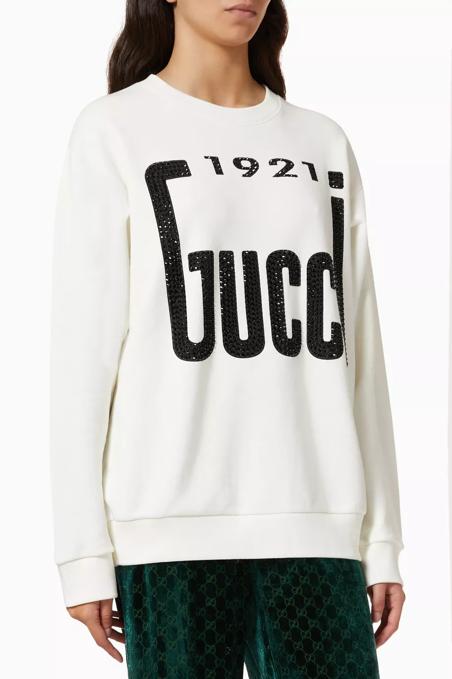 Buy Gucci White Crystal '1921 Gucci' Sweatshirt in Heavy Felted