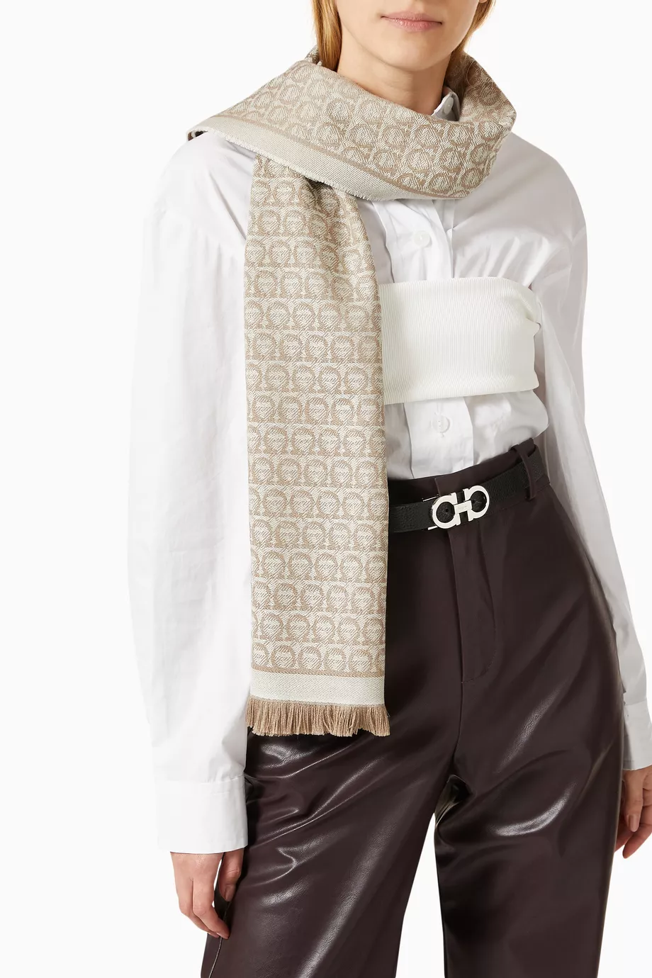 Buy Ferragamo Neutral Gancini Scarf in Wool For Women Online