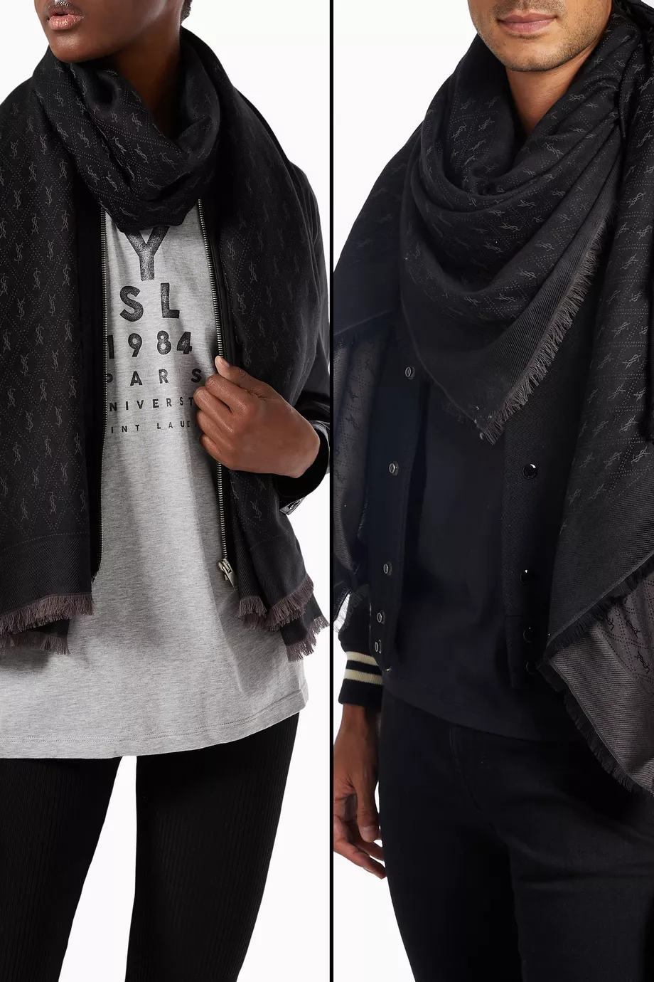 Buy SAINT LAURENT Black Large YSL Monogram Scarf In Wool, Silk
