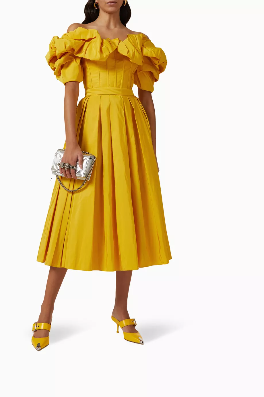 Buy Alexander McQueen Yellow Off the shoulder Corset Dress in Polyfaille For Women Online Ounass Saudi