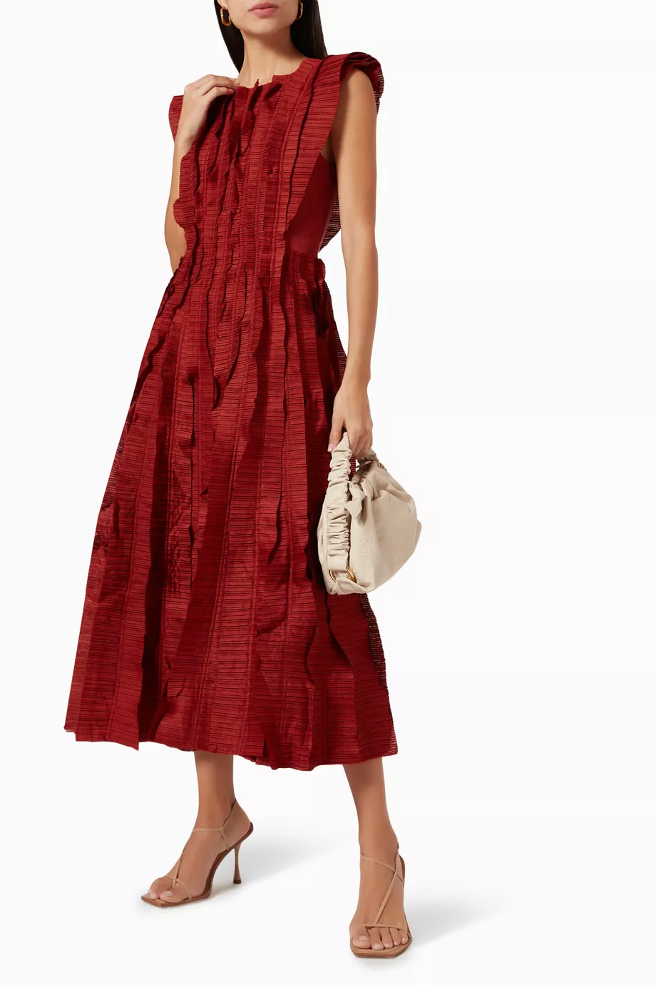 aje hybrid midi dress burgundy Buy Aje Burgundy Hybrid Midi Dress in Linen For Women Online