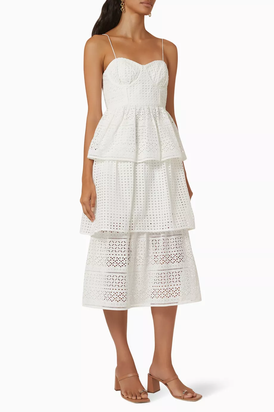 chinese dress ladies Self-Portrait - White Linen Lace Insert Midi Dress main image 1
