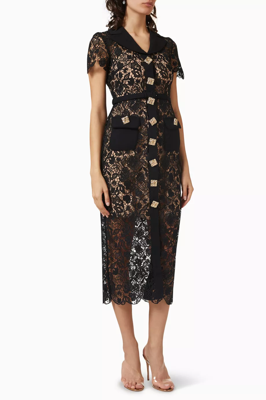 SELF PORTRAIT MAGNOLIA LACE DRESS ワンピース Buy Self-Portrait Black Collared Midi Dress in Magnolia Lace For