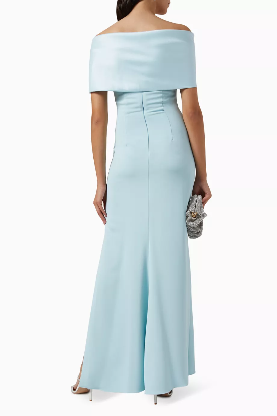 Buy Badgley Mischka Blue Off Shoulder Column Gown in Stretch Crepe