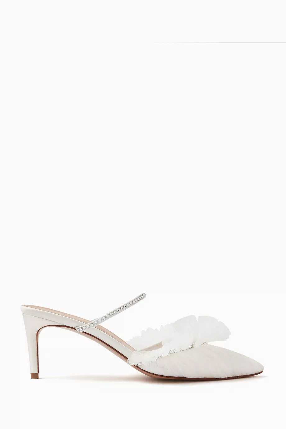 Buy Andrea Wazen White Kaya 75 Ruffled Mules in Tulle and