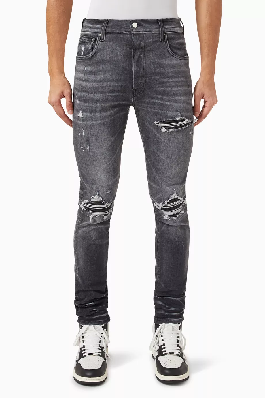 Buy Amiri Grey MX1 Distressed Skinny-fit Jeans in Stretch Denim