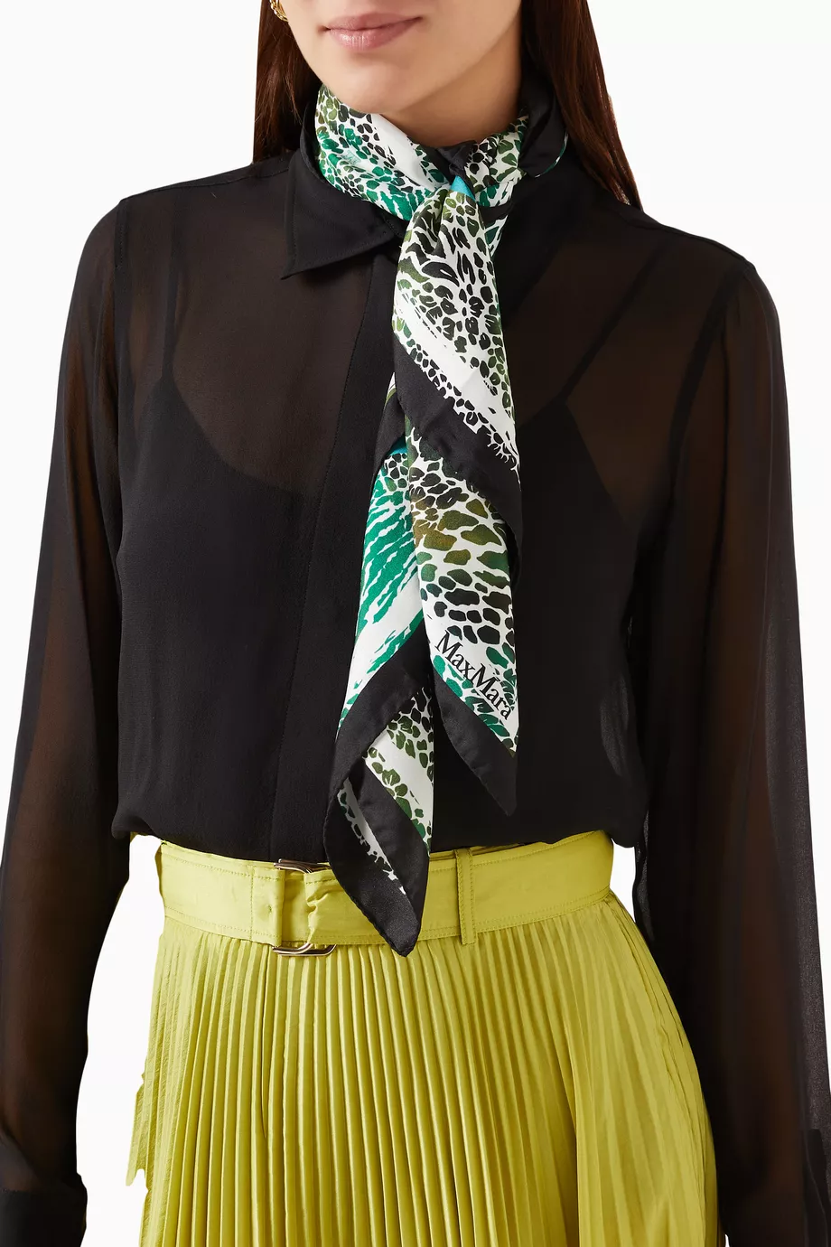 スカーフ MAX MARA STUDIO Woman Scarf Green 2516541014600 057 Fringed printed silk scarf, dark green | Weekend Max Mara