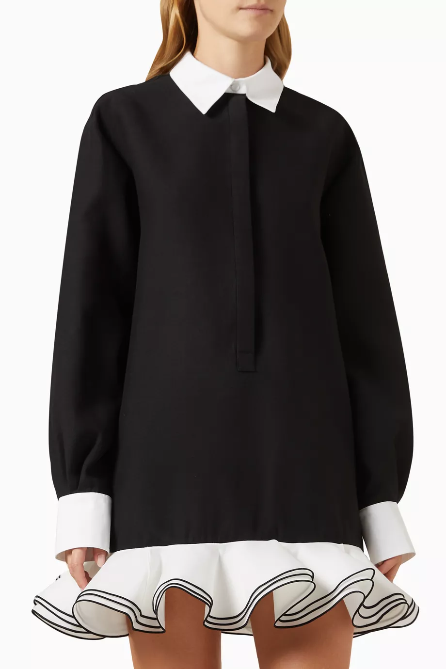 valentino black dress white collar VALENTINO BLACK LACE WESTERN DRESS WITH WHITE PIPING main image 1
