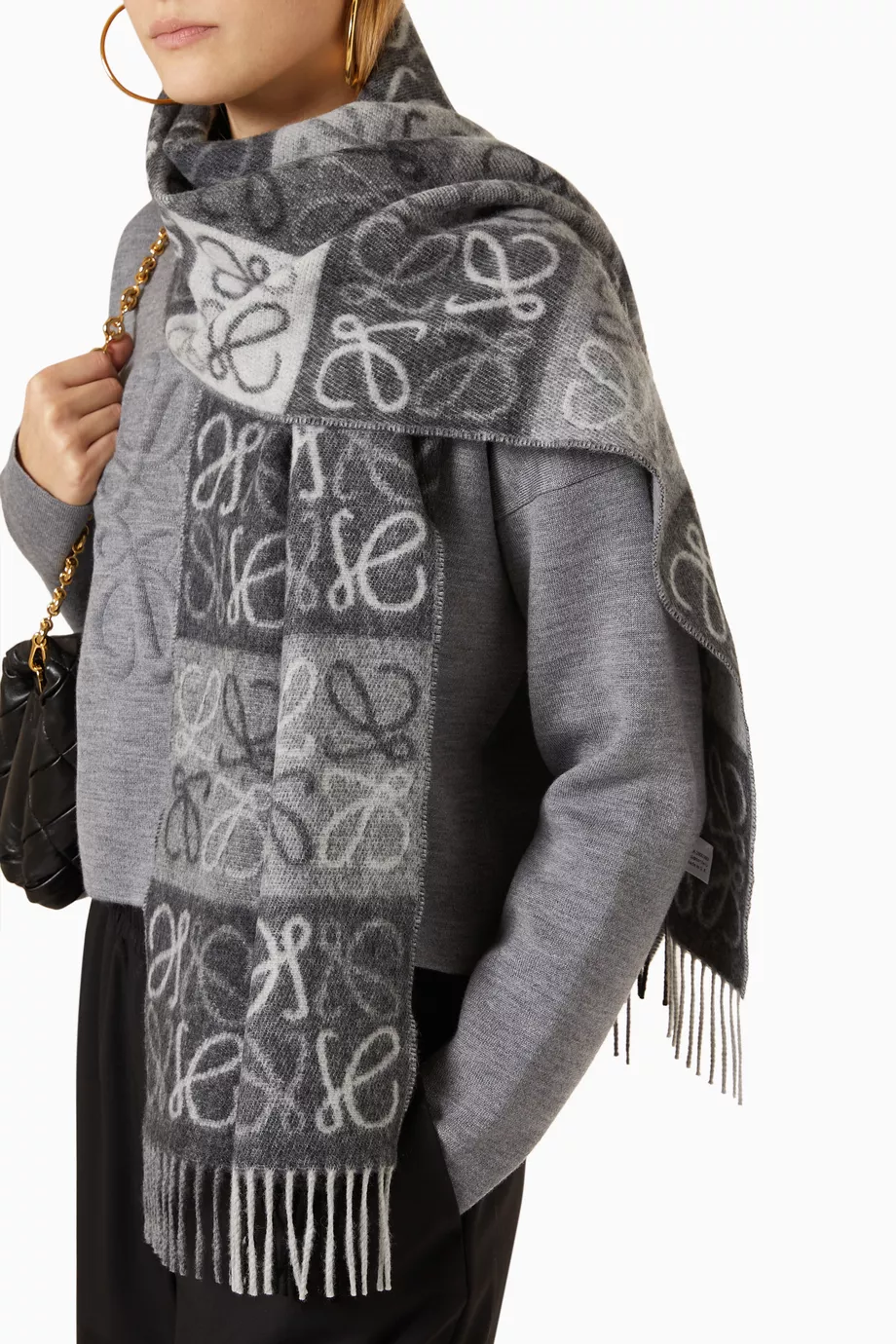 Buy LOEWE Black Checkerboard Scarf in Wool & Cashmere For
