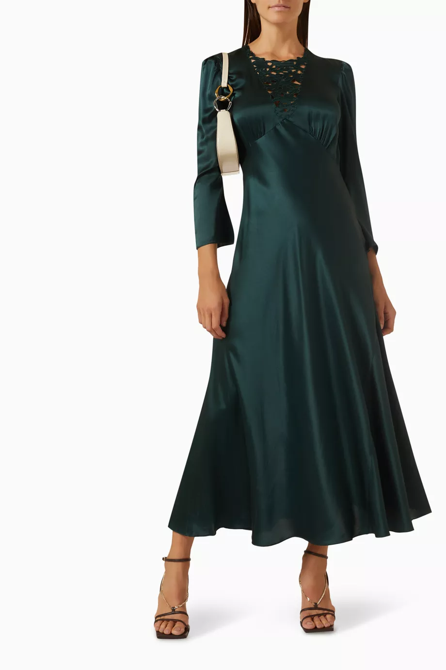 doen green silk dress Ginette Floral Jacquard Dress