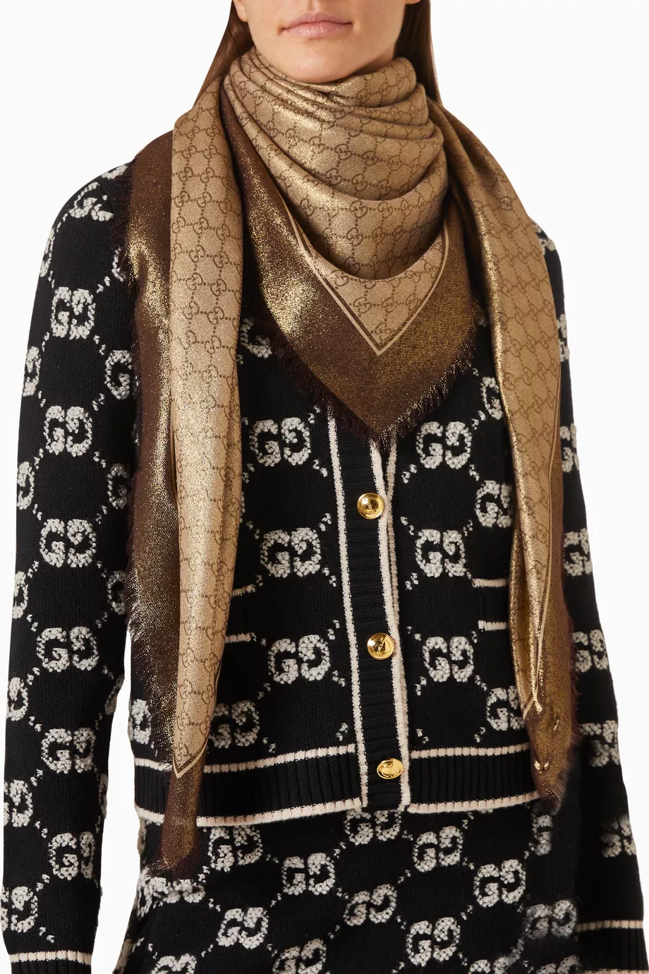 Buy Gucci Brown Shawl Scarf in Shiny GG Wool Jacquard For Women
