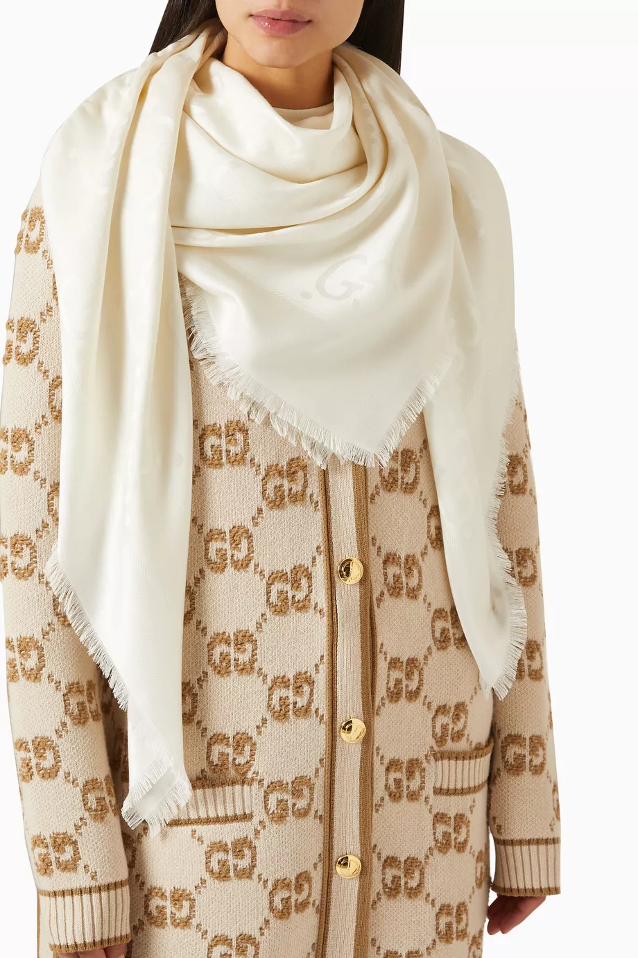 Beige Silk Wool Gg Jacquard Shawl Buy Gucci White GG Jacquard