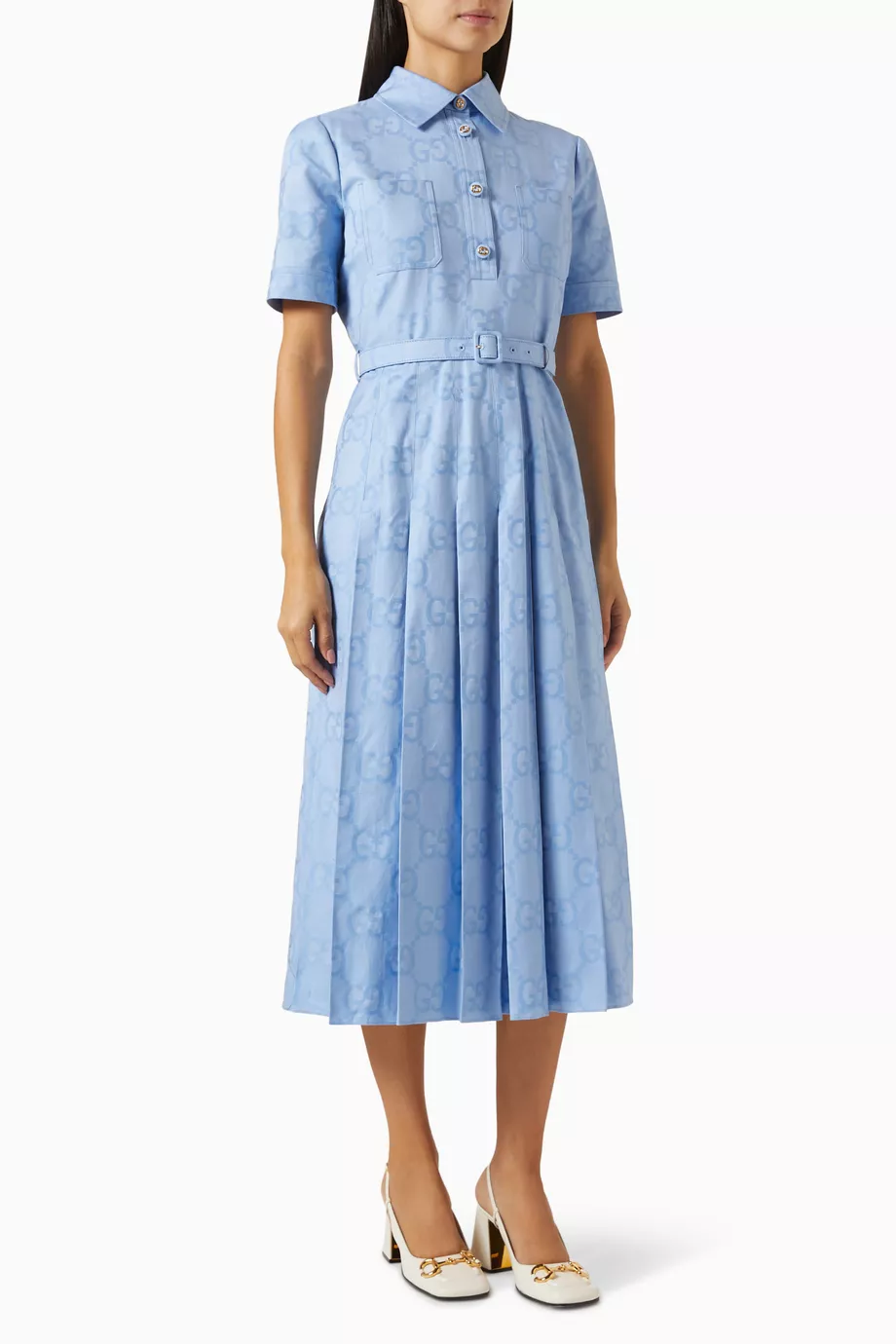 【関税＆送料込み】Gucci Gg Cotton Midi Dress Mid-length GG cotton gabardine dress in green | GUCCI® US