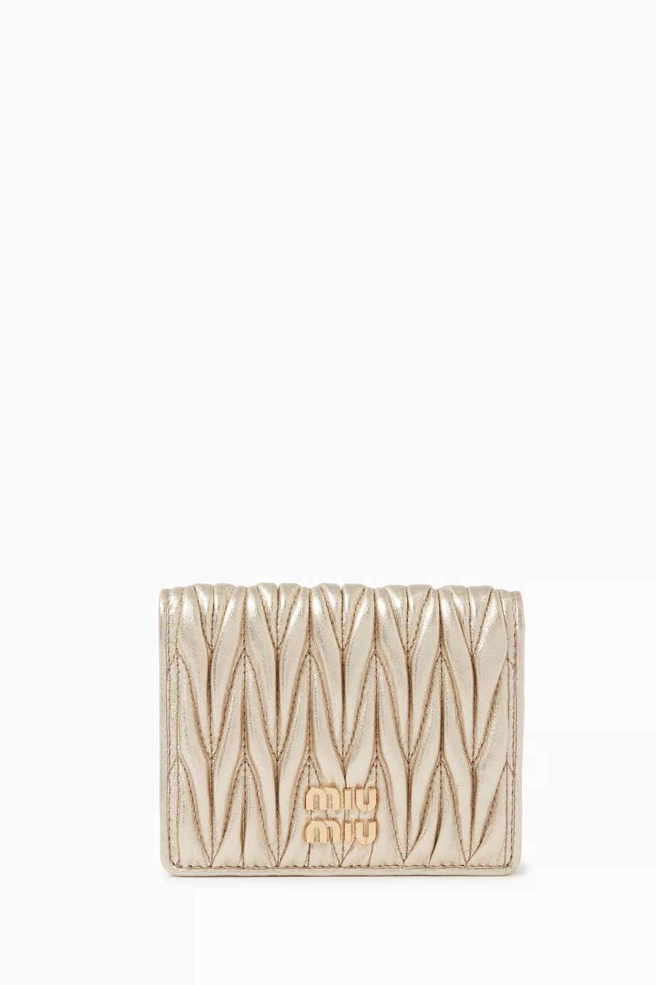Buy Miu Miu Gold Small Flap Wallet in Matelassé Nappa Leather For