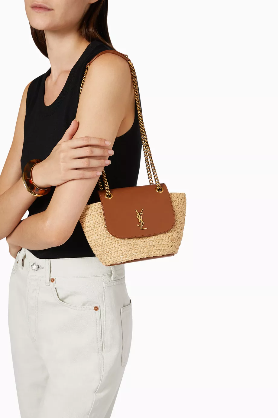 【Saint Laurent】Manon Mini raffia and leather shoulder bag SAINT LAURENT Manon mini leather-trimmed raffia shoulder bag