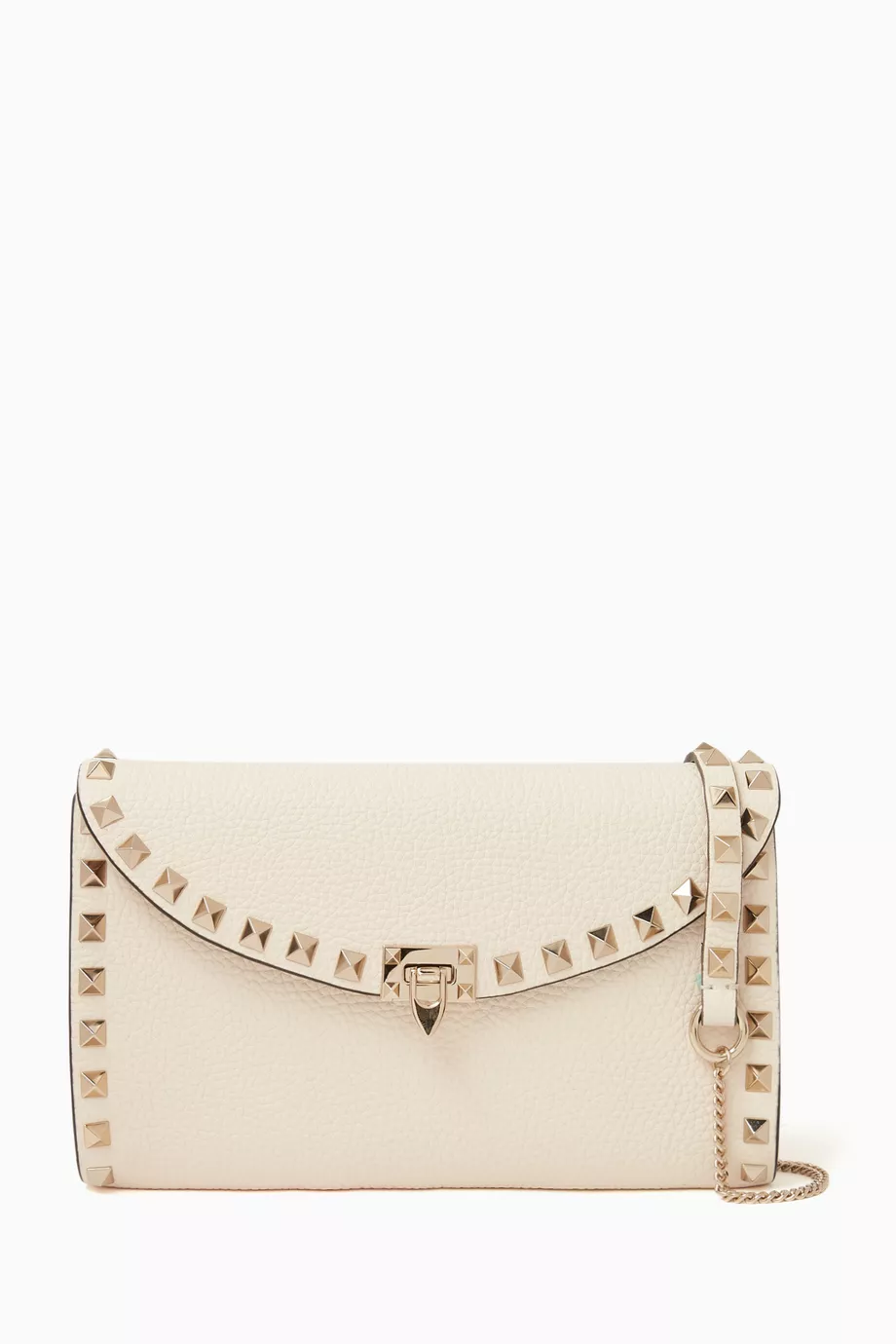 Rockstud grainy calfskin wallet with chain strap shop