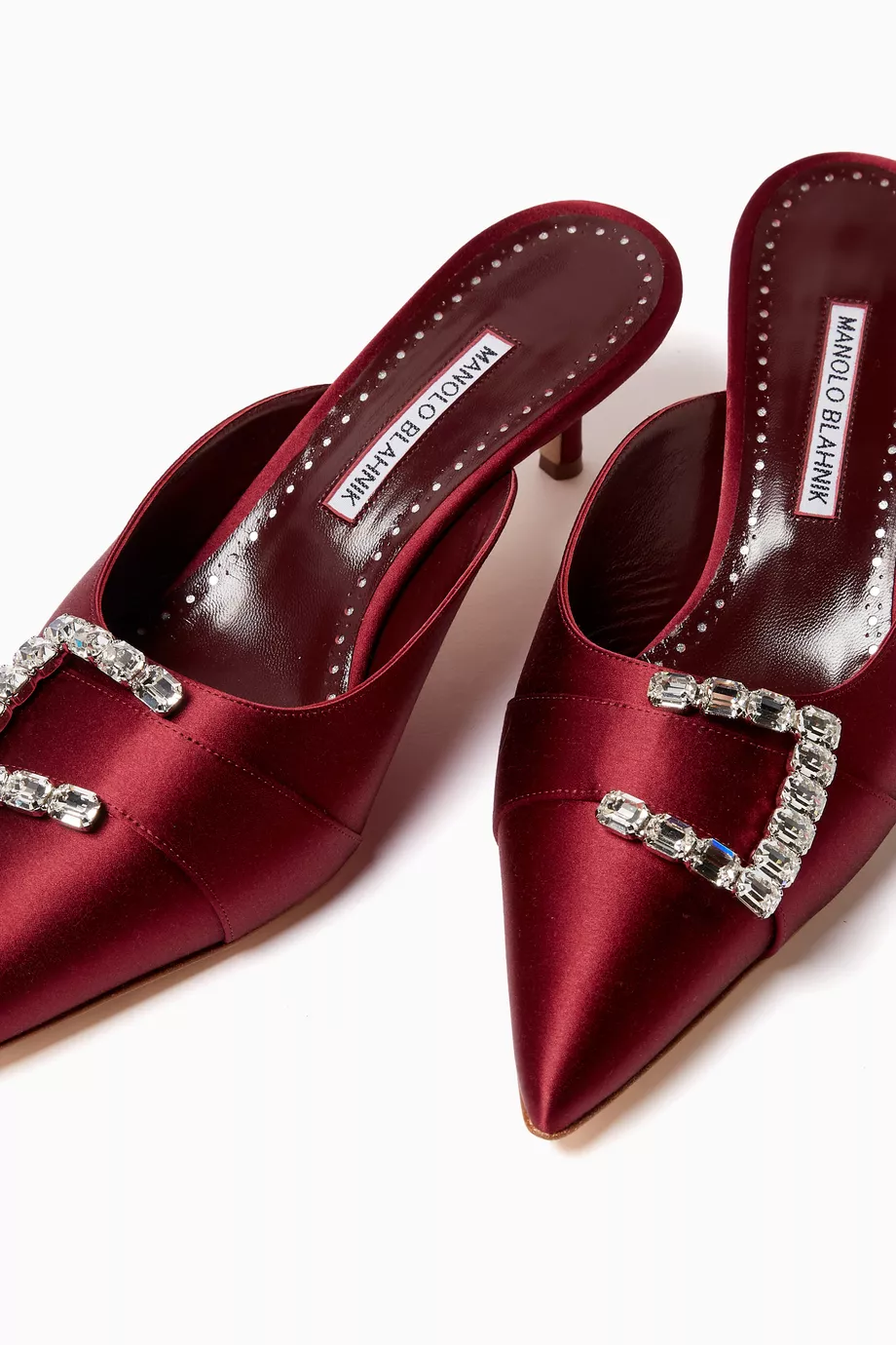 Buy Manolo Blahnik Burgundy Ramimu 50 Crystal embellished Buckle Mules in Satin For Women Online Ounass Saudi