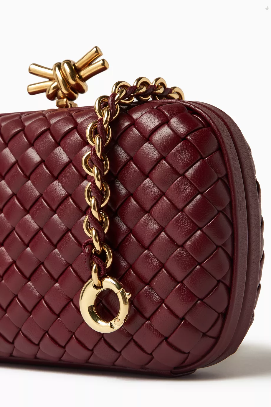 Buy Bottega Veneta Burgundy Knot Minaudiere Clutch with Chain in Intreccio Calfskin For Women Online Ounass Saudi
