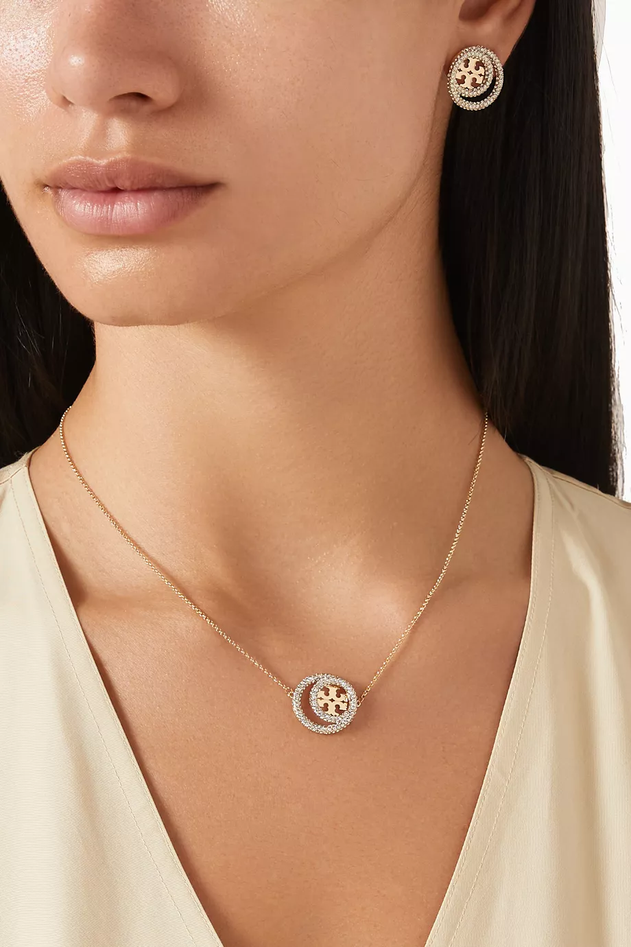 Buy Tory Burch Gold Miller Pavé Double Ring Pendant Necklace