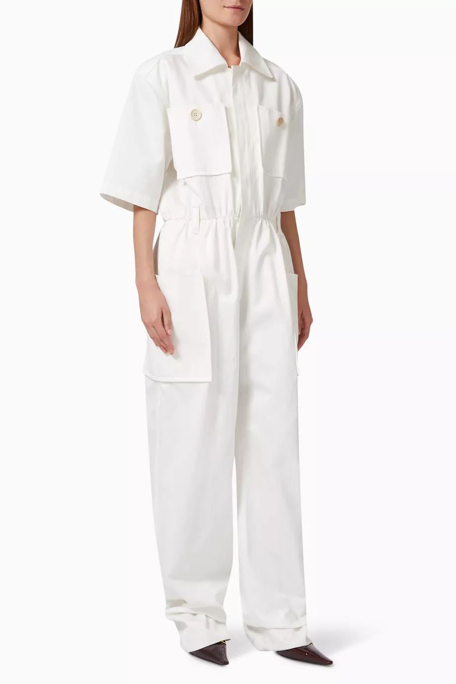Buy SAINT LAURENT White Belted Jumpsuit in Cotton Gabardine
