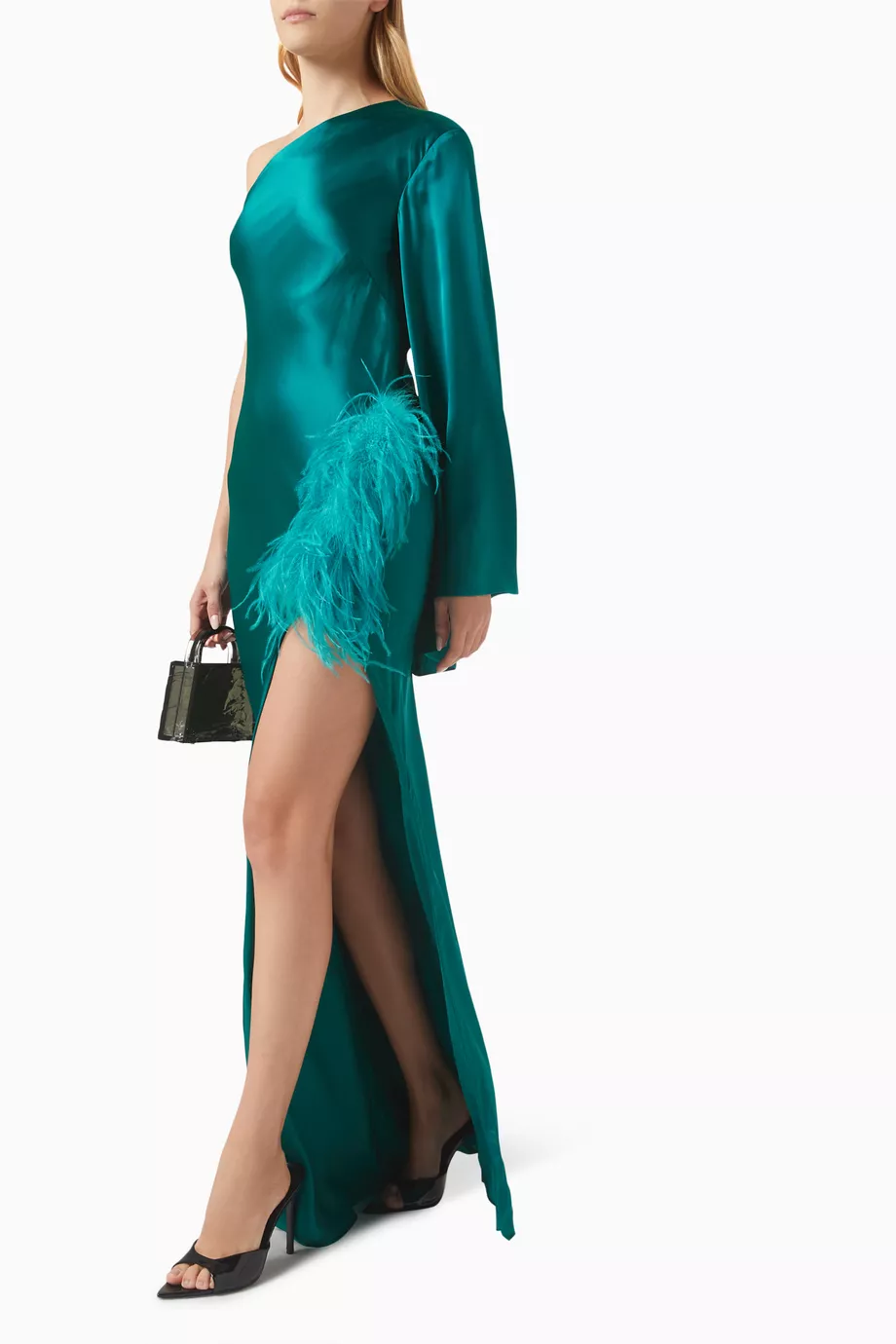 Buy The Sei Green One-shoulder Feather-trimmed Gown in Silk-satin For Women  Online | Ounass Saudi