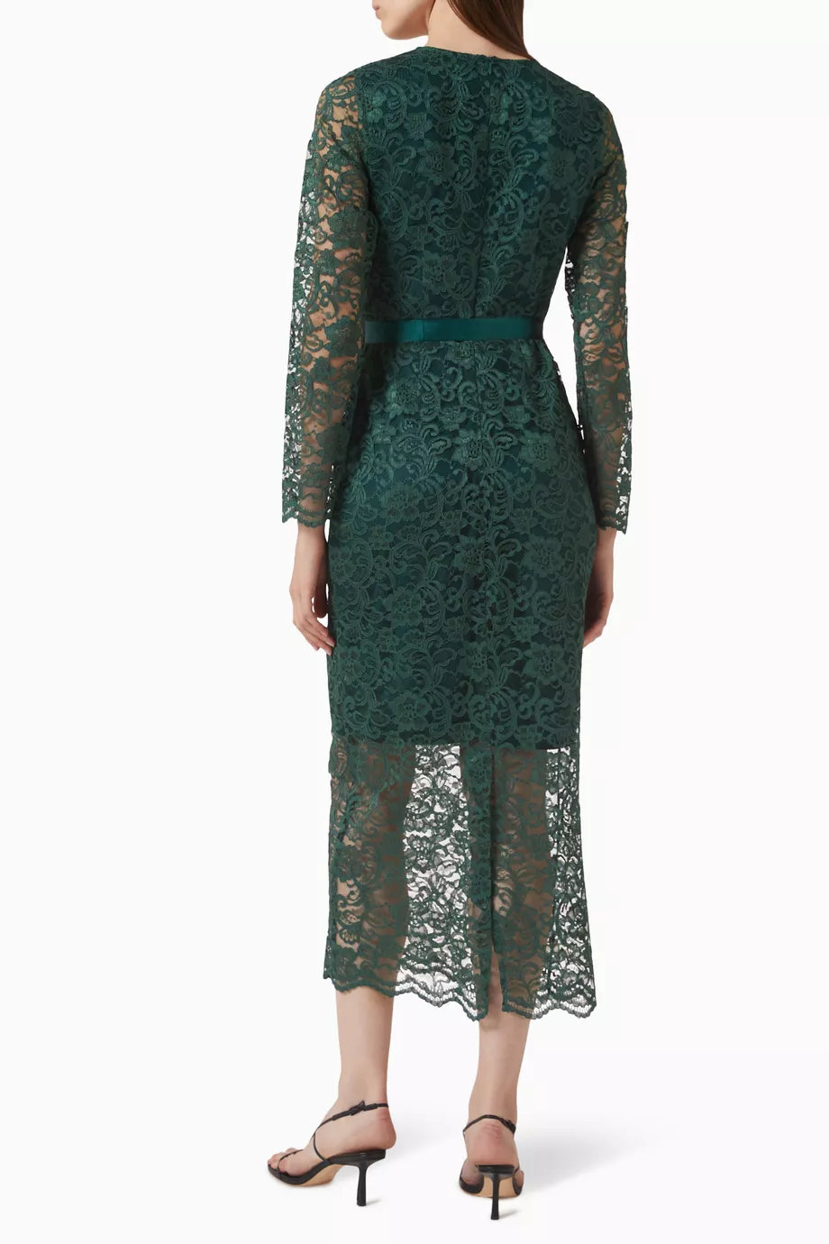 slim fit dress slacks Bubbleroom occasion  Lace Long Sleeve Midi Dress  Christmas dresses   Green