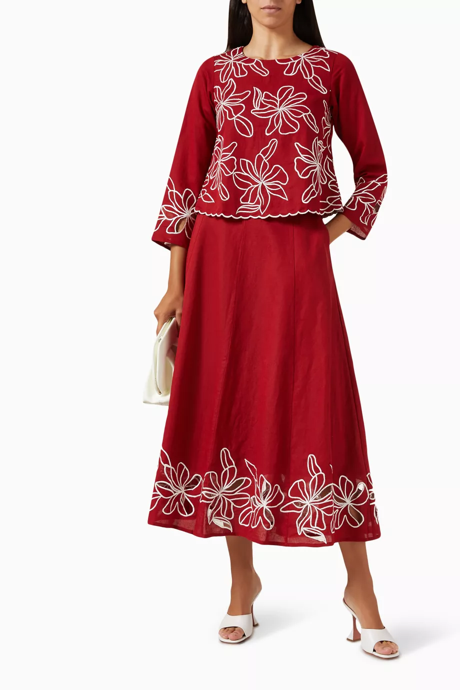 Buy KoAi Red Embroidered Top Skirt Set in Linen For Women Online Ounass Saudi