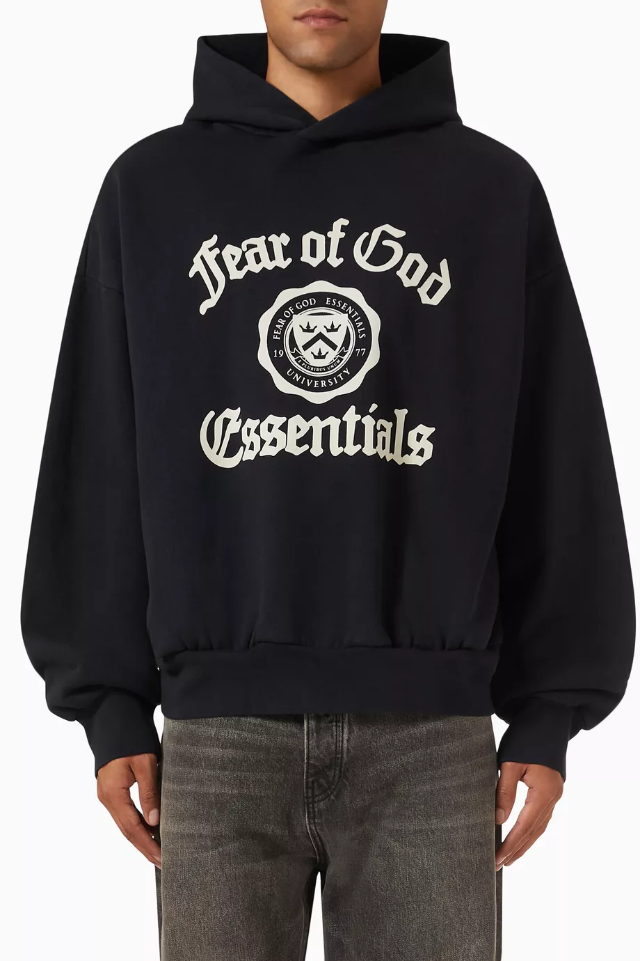 Buy Fear of God Essentials Black Vintage Shrunken Hoodie in Fleece