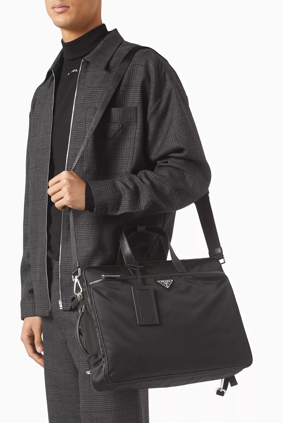 バッグ 736 Prada logo nylon briefcase black Buy Prada Black Two-way Briefcase in Re-Nylon & Saffiano Leather