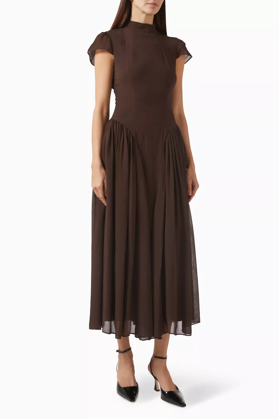reformation maven dress brown Chocolate Long Flared Sleeves Drape Detail Bodycon Mini Dress | Dresses