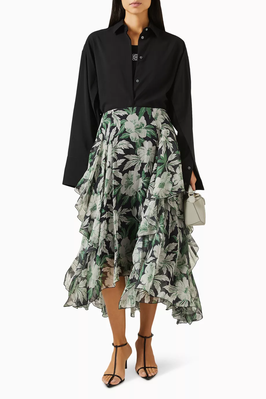 【LOEWE】Ruffled skirt LOEWE Ruffled leather-trimmed cotton-twill midi skirt | NET