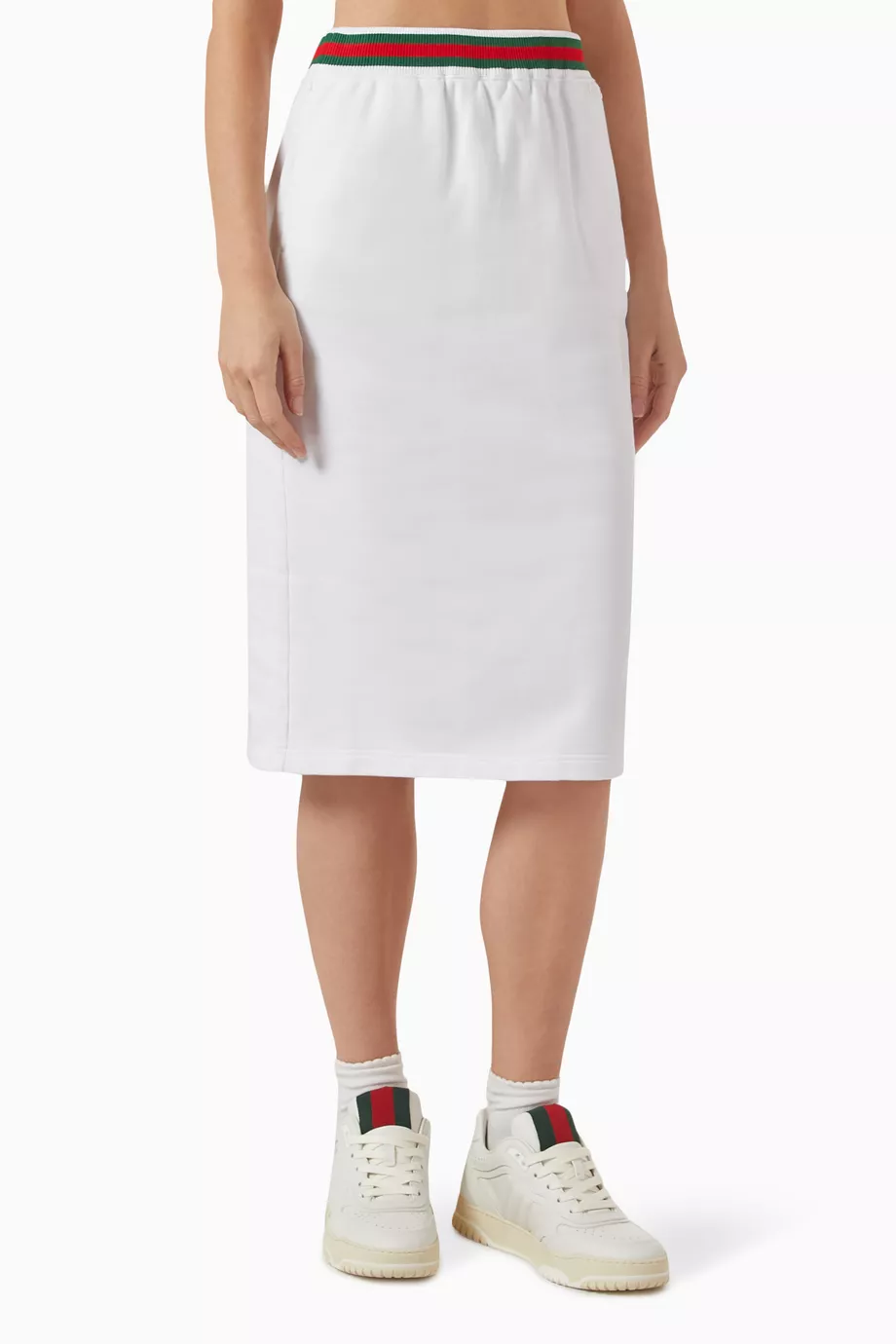 スカート GUCCI COTTON JERSEY SKIRT WITH WEB DETAIL Buy Gucci White Web Midi Skirt in Cotton-jersey For Women