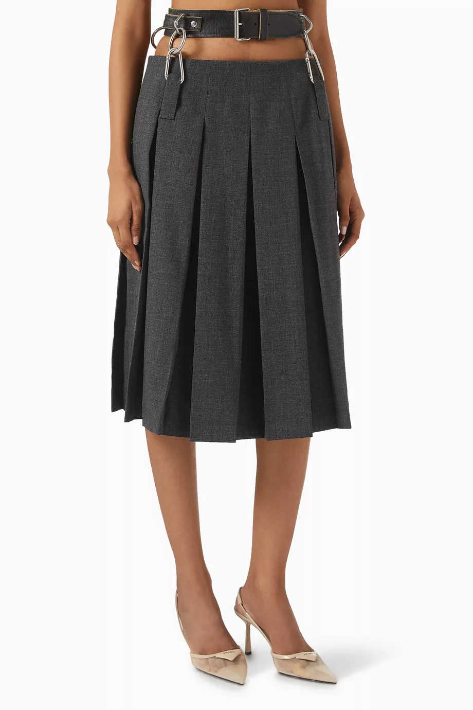 PRADA VIRGIN WOOL MIDI SKIRT ミディスカート Pleated virgin wool midi skirt in grey - Prada | Mytheresa