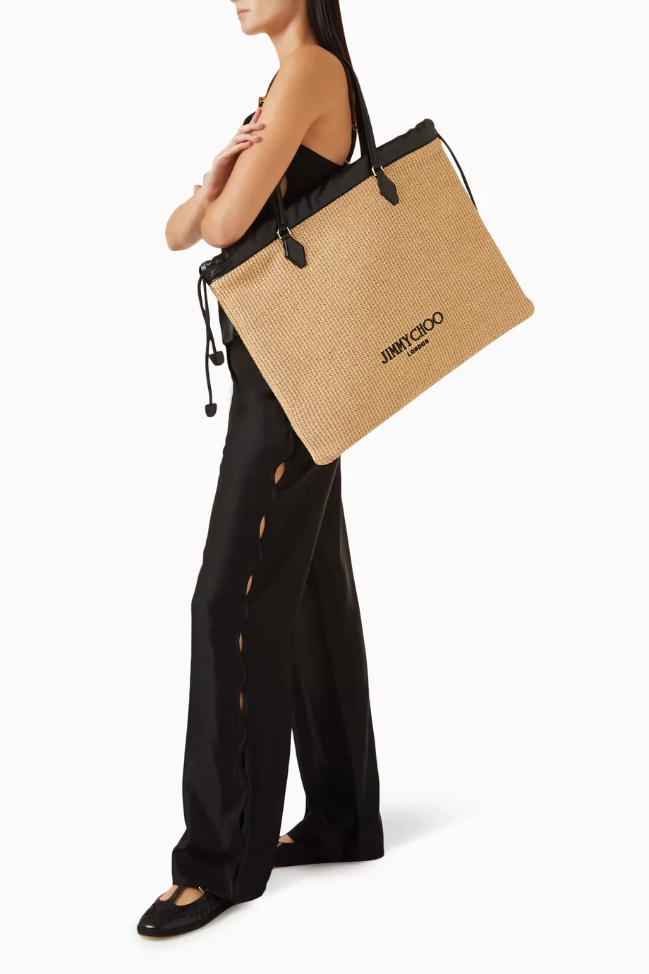 Buy Jimmy Choo Neutral Drawstring Tote Bag in Raffia