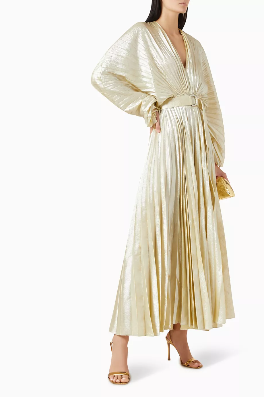 green emerald velvet dress Anslow Pleated Maxi Gown in Gold