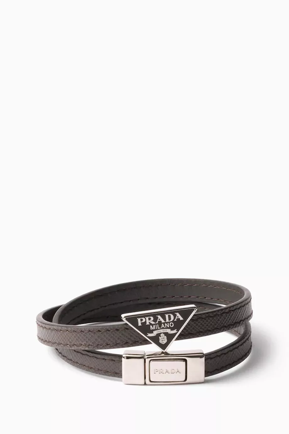 Buy Prada Grey Double Logo Bracelet in Leather For Men Online