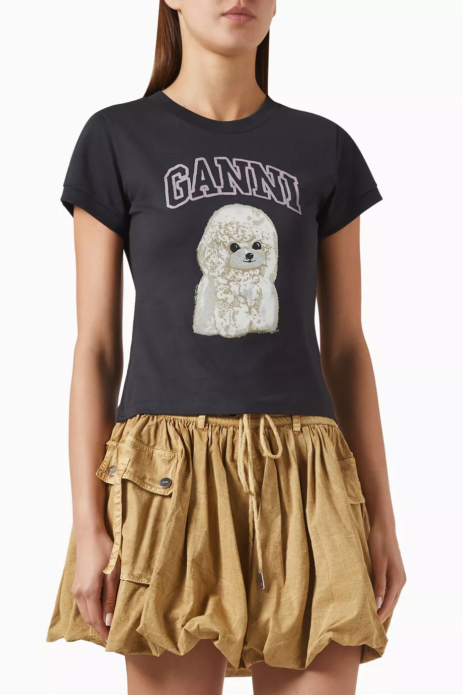 Buy Ganni Black Phantom Poodle Cropped T-shirt in Cotton