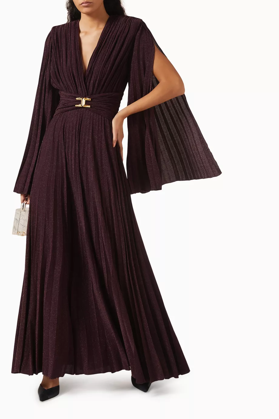 burgundy off the shoulder maternity dress FARES Plisse Maxi Dress - Jallab